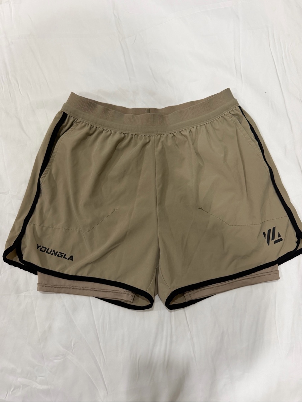 YoungLA Men’s Athletic Tan Running Shorts with Black Trim